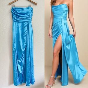 NWOT Ethereal Excellence Teal Blue Satin Pleated Strapless Maxi Dress